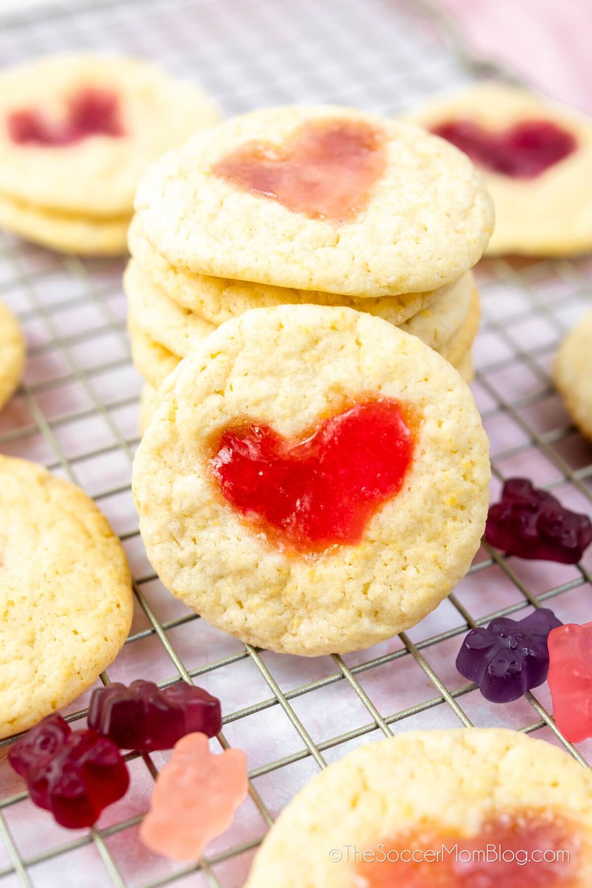 sugar cookies with a gummy heart in the middle.