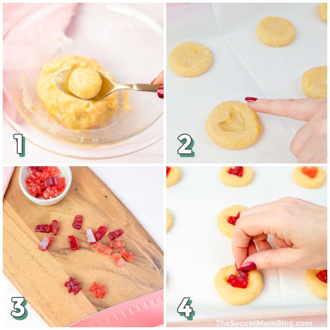 4 step photo collage showing how to make gummy bear heart cookies.