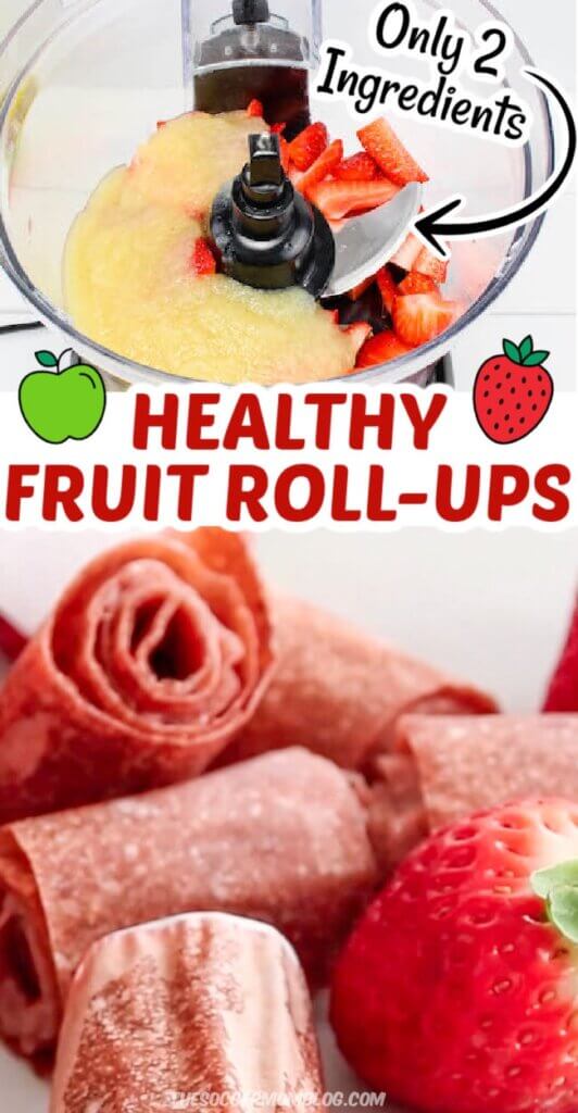 2 photo collage: fresh fruit in blender and homemade fruit roll ups