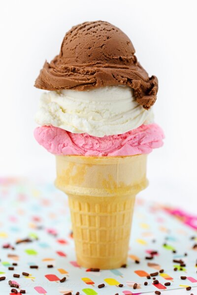 3 scoops of edible playdough stacked in an ice cream cone