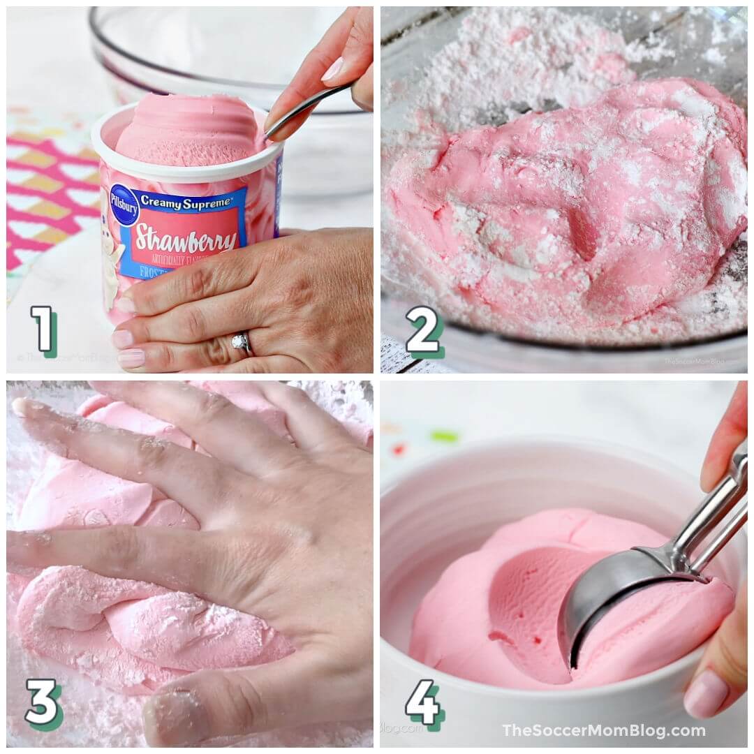 4 step photo collage showing how to make homemade playdough with frosting