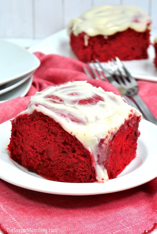 Cake Mix Red Velvet Cinnamon Rolls via The Soccer Mom Blog