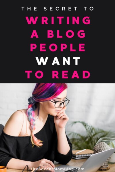 woman with colorful hair sitting at computer; text overlay "The Secret to Writing a Blog People Want to Read"