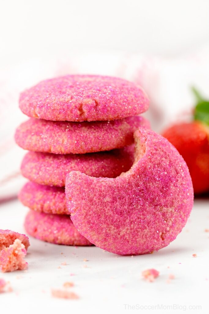 stack of strawberry champagne cookies with pink sprinkles