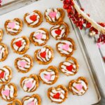 baking sheet with pretzel hearts for Valentine's Day