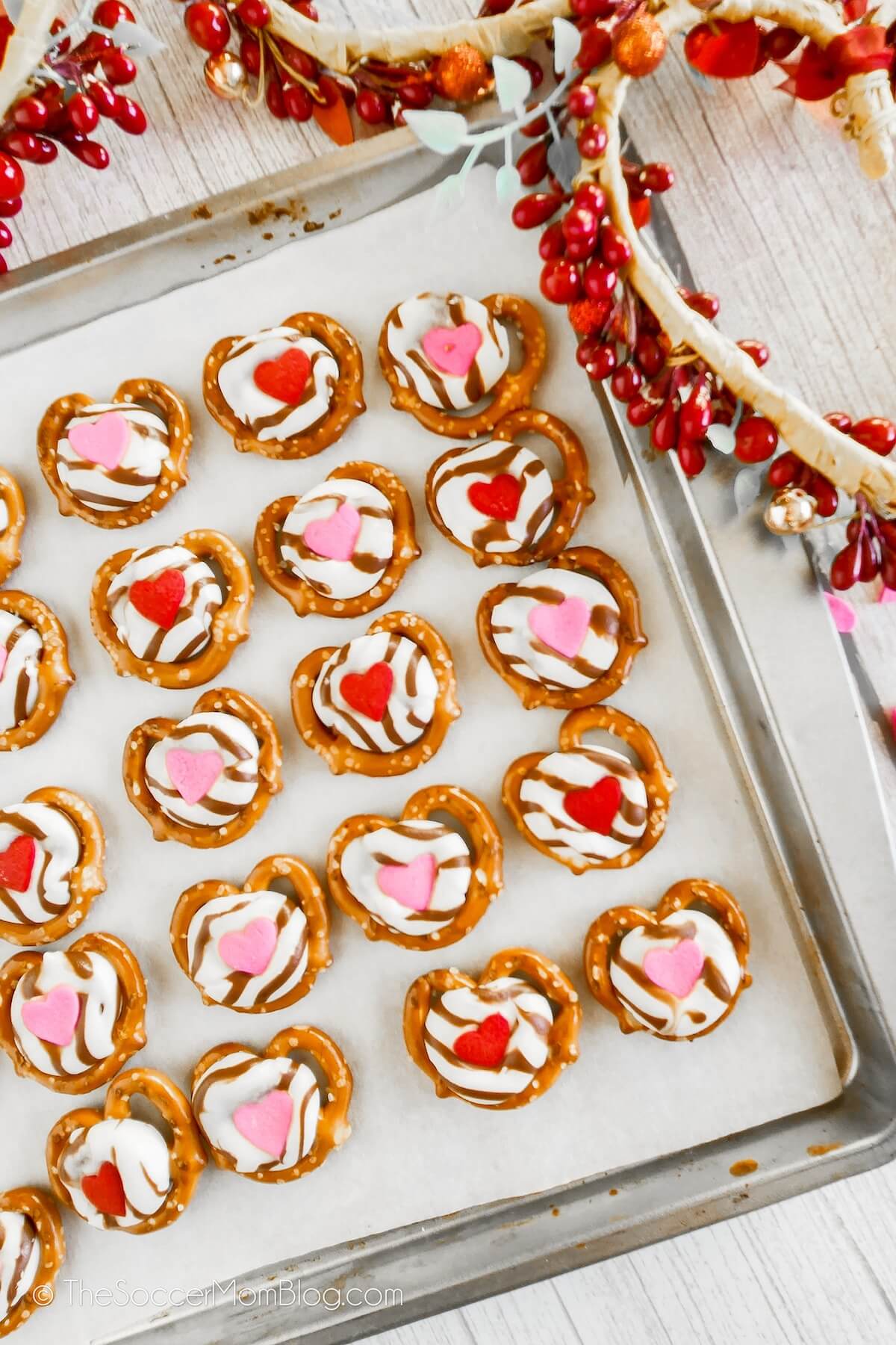 baking sheet with pretzel hearts for Valentine's Day