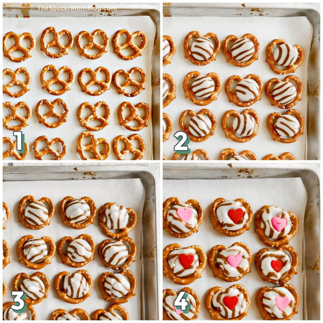 4 step photo collage showing how to make Valentine heart pretzel treats