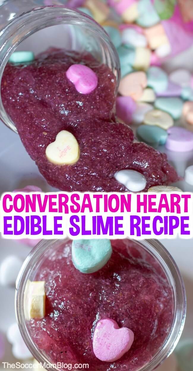 This edible conversation heart slime is super wiggly and jiggly and it's taste-safe! Such a fun Valentine's Day sensory activity for kids!