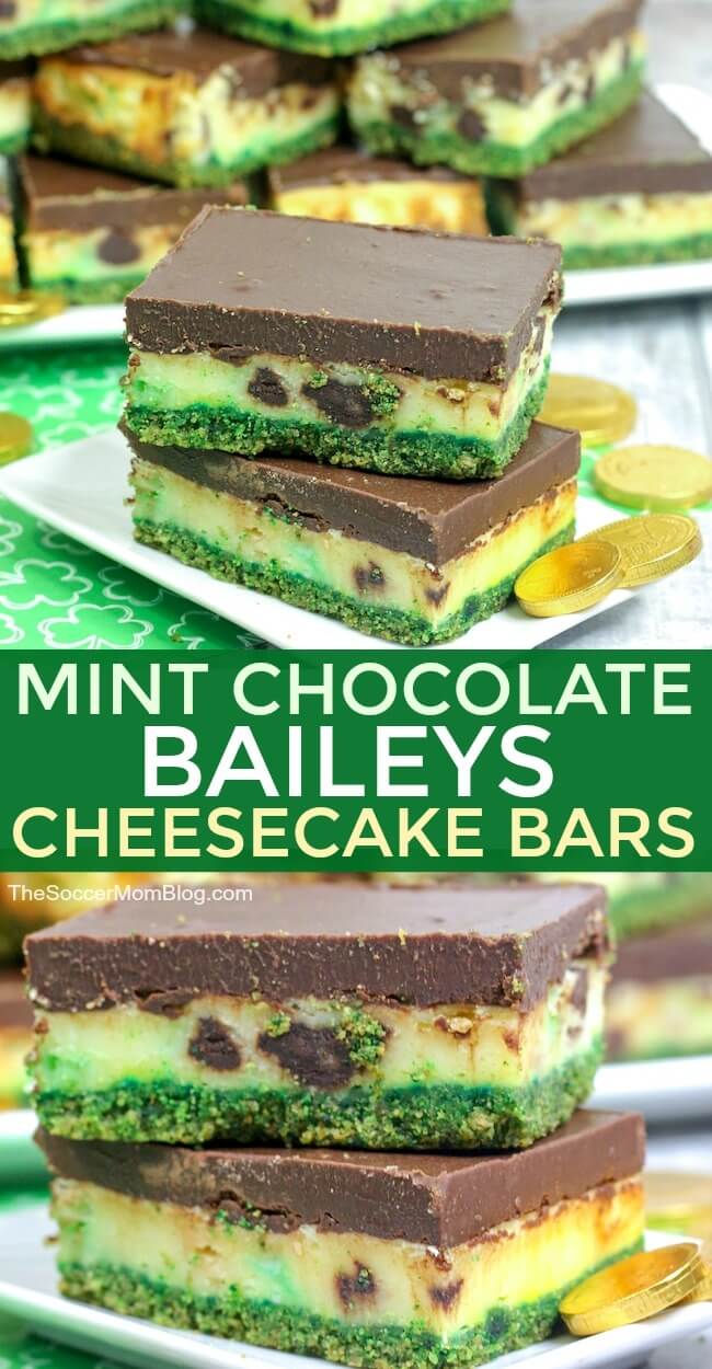 These Mint Chocolate Baileys Cheesecake Bars are delicious and festive! One of our favorite St. Patrick's Day desserts!