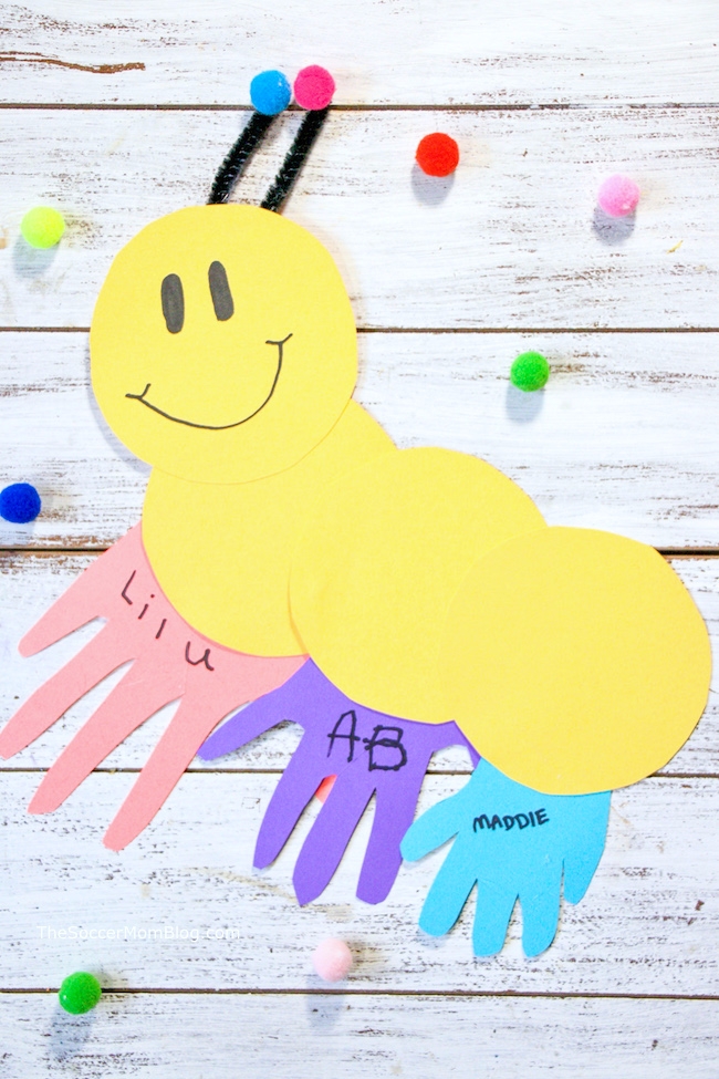 This handprint caterpillar craft is a cute kid-made gift for parents, grandparents, and family!