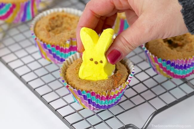 placing Peeps bunny in cupcake