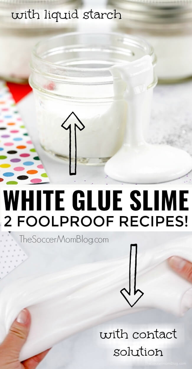 Learn how to make homemade slime with glue — the classic white glue slime — with 2 easy DIY glue slime recipes! Click for VIDEO tutorials!