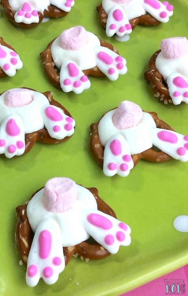 Pretzels decorated with candy to look like "bunny butts" for Easter
