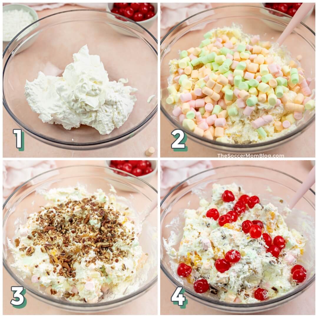 4 step photo collage showing how to make ambrosia fruit salad