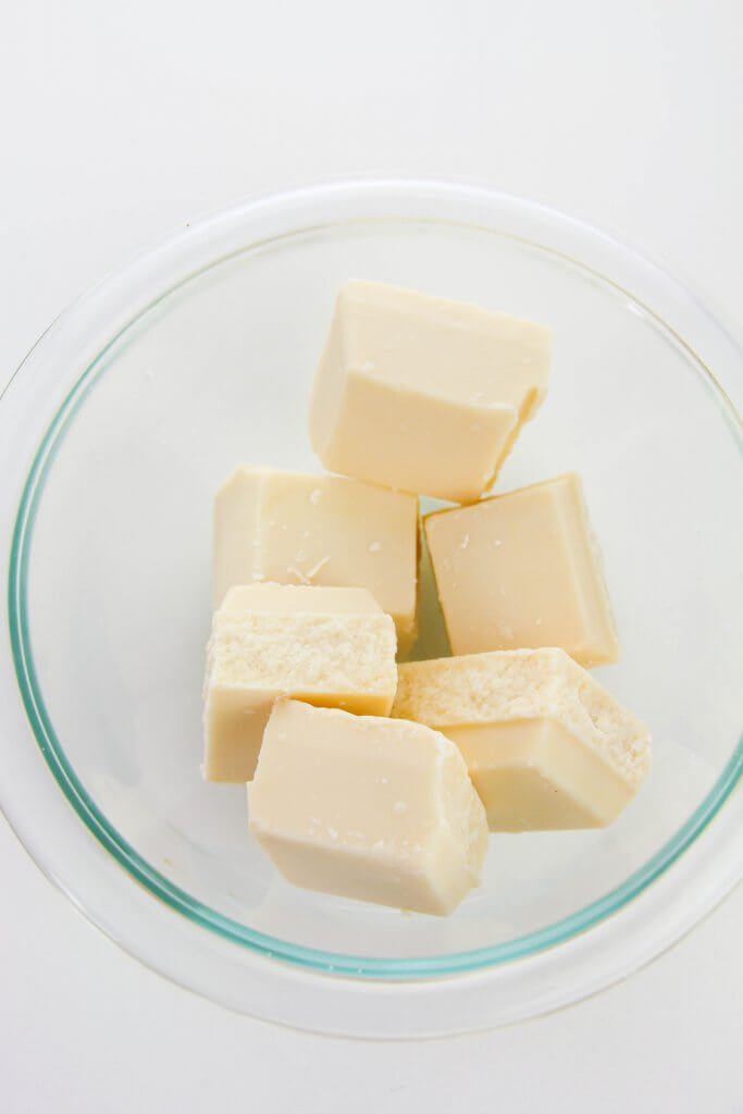 white chocolate squares in glass bowl