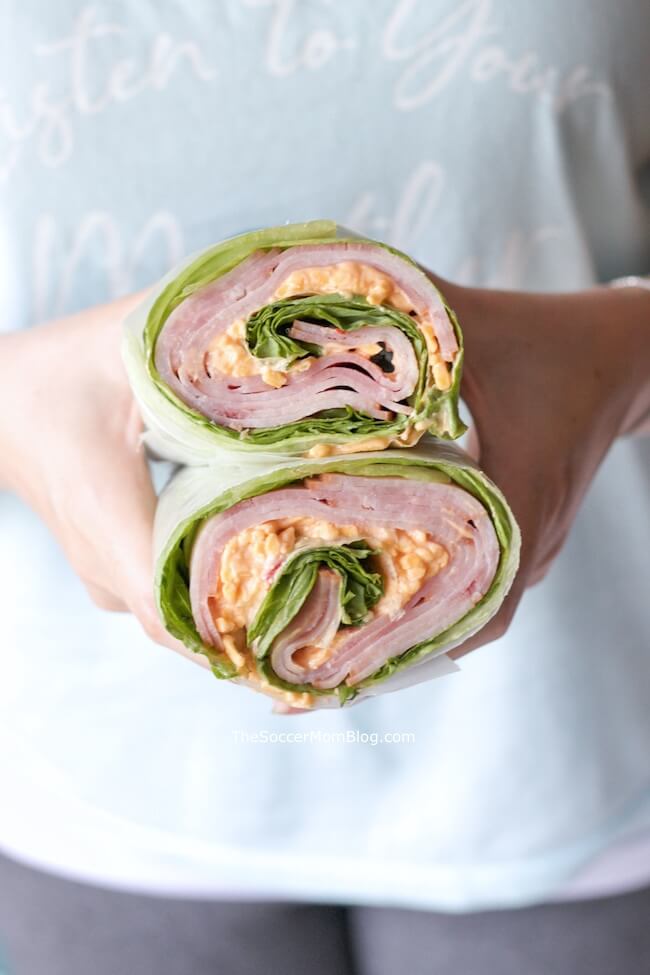Crisp lettuce, sweet honey ham, and creamy pimento cheese — these Keto Ham and Pimento Cheese Wraps are the perfect fresh and easy lunch for spring and summer!