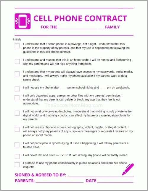Click here to download a free printable copy of our handy teen cell phone contract