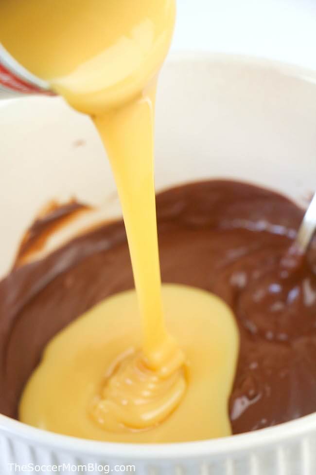 mixing condensed milk and chocolate