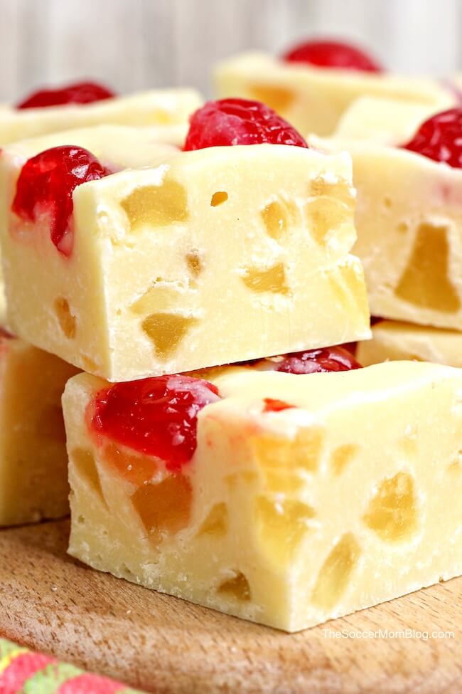 close up of yellow and red pineapple upside down fudge.