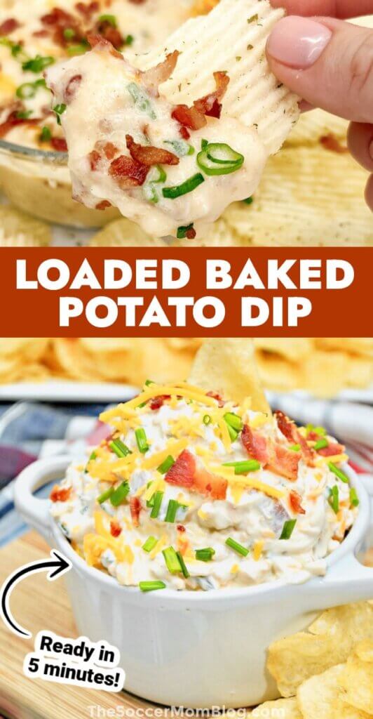 two photo vertical Pinterest collage for a loaded baked potato dip recipe