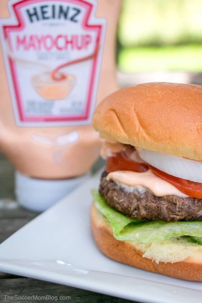 close up of a juicy burger with Mayochup