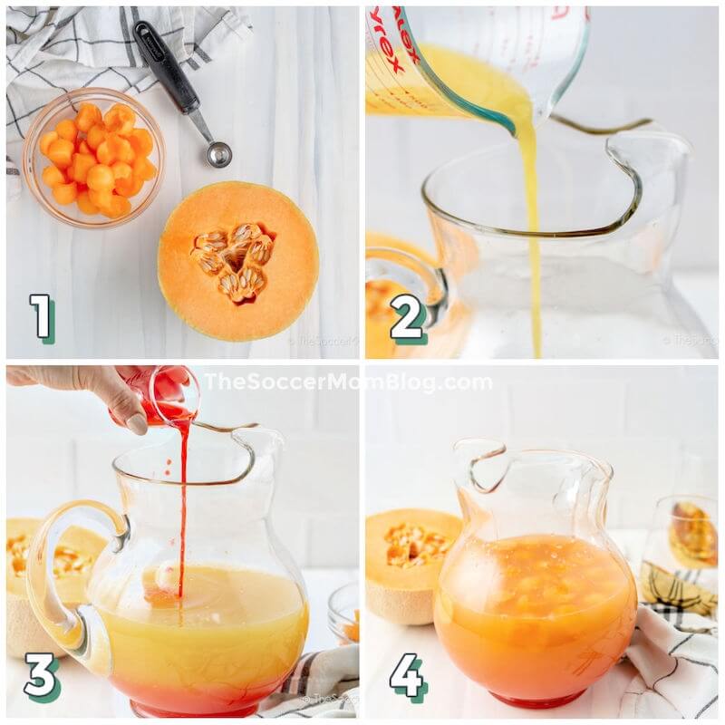 4 step photo collage showing how to make rum punch cocktail