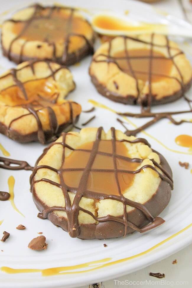 shortbread thumbprint cookie filled with caramel