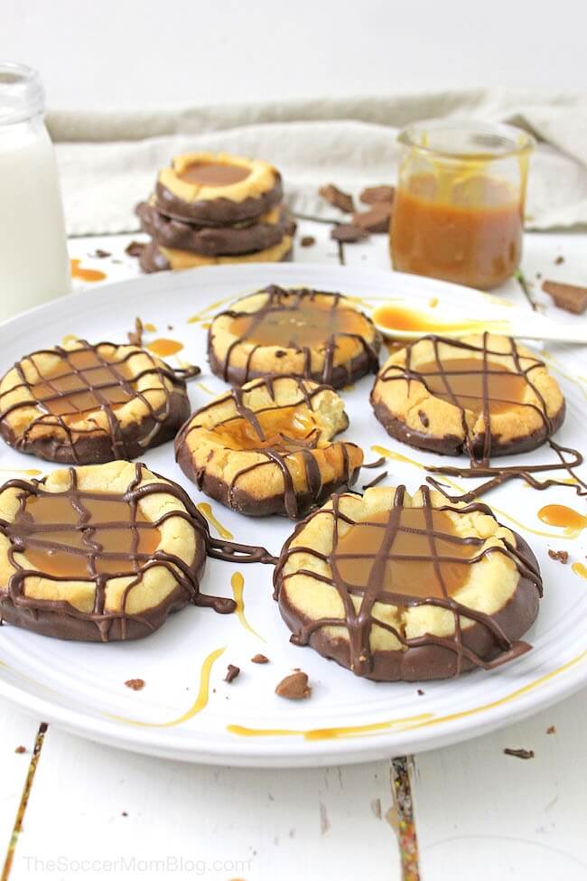 Twix Cookies: Caramel thumbprint cookies with chocolate drizzle