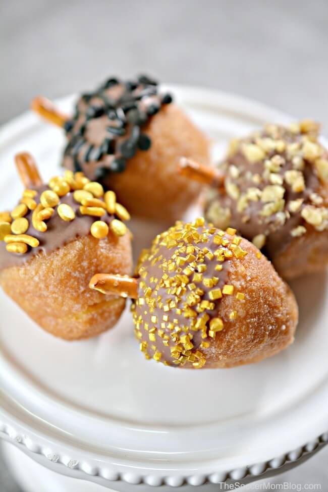 donut holes decorated to look like acorns
