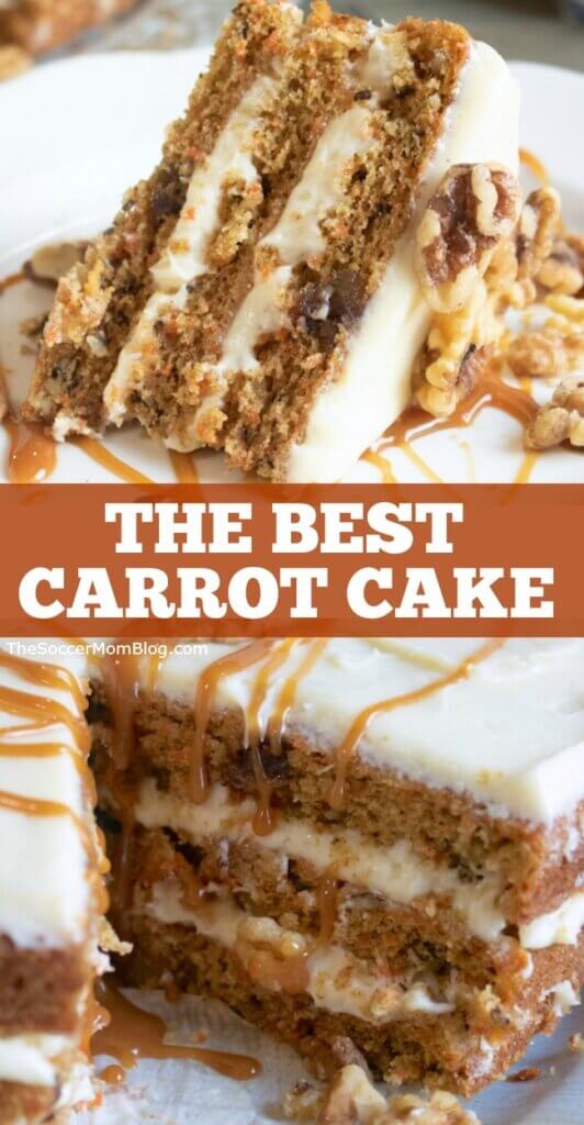 collage image of carrot cake and slice with text overlay