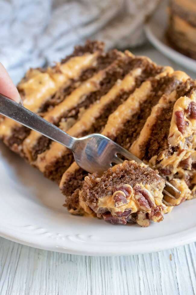 layered chocolate and pumpkin cake with a fork