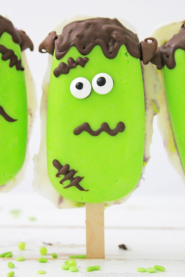 close up of a Frankenstein decorated Halloween cake pop