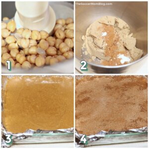 4 step photo collage showing how to make chickpea blondie batter