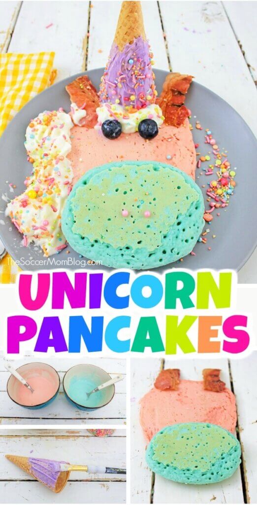 4 photo vertical collage showing pancakes shaped like a unicorn 