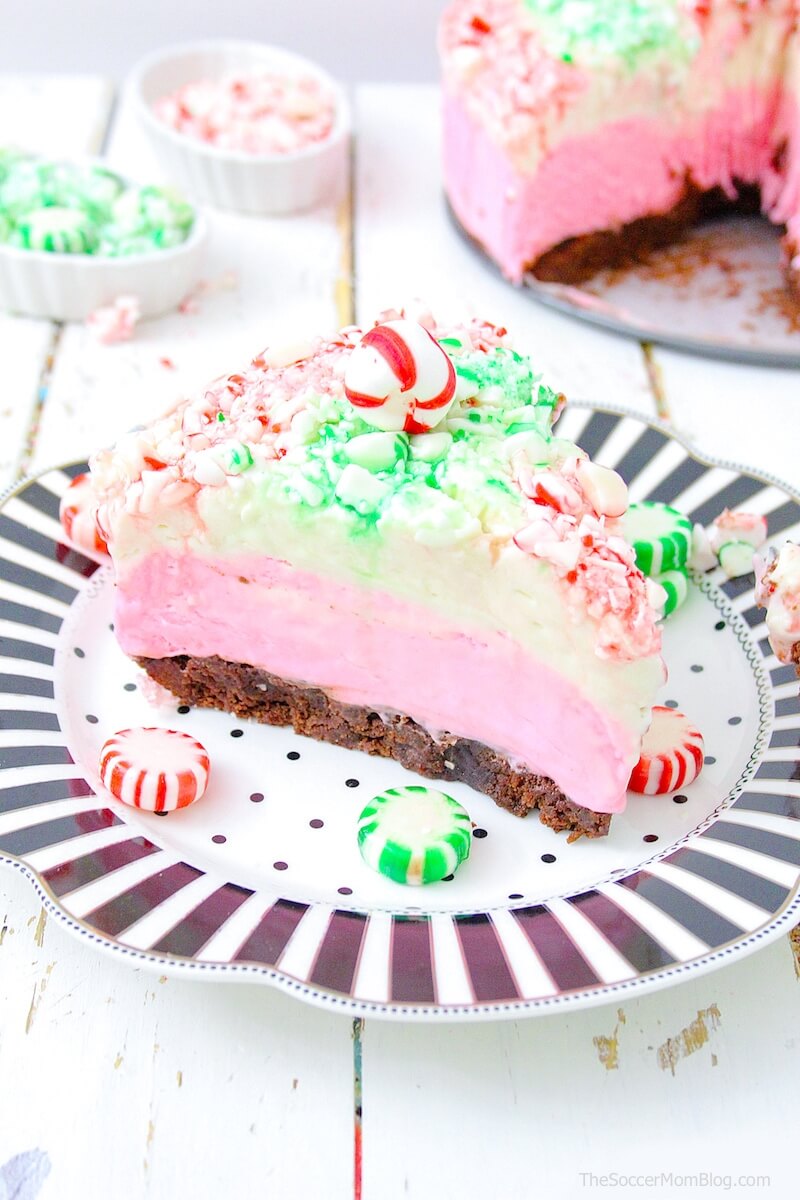 red and green Christmas cheesecake slice