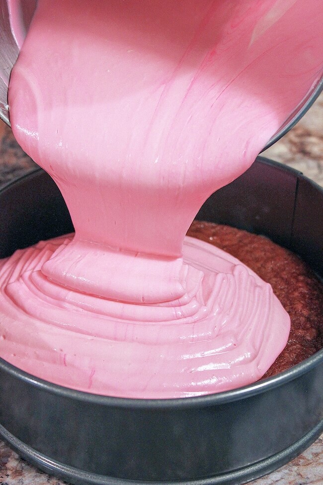 pouring pink peppermint cheesecake batter into springform pan