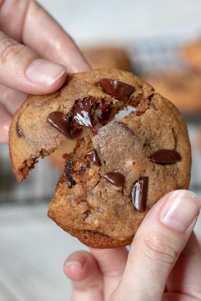 close up of chocolate chip cookie, warm out of the oven, breaking apart so chocolate melts