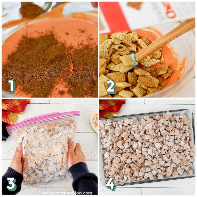 4 step photo collage showing how to make pumpkin spice snack mix