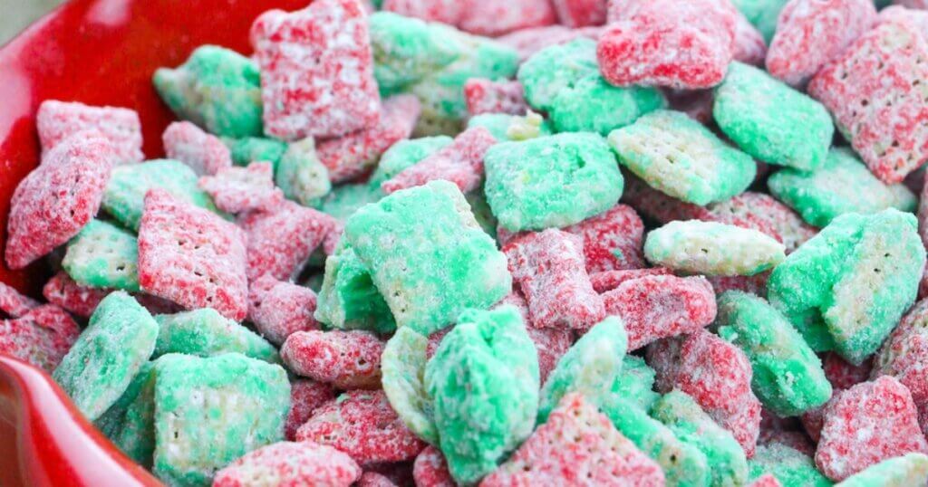 Christmas puppy chow red and green coated Chex mix