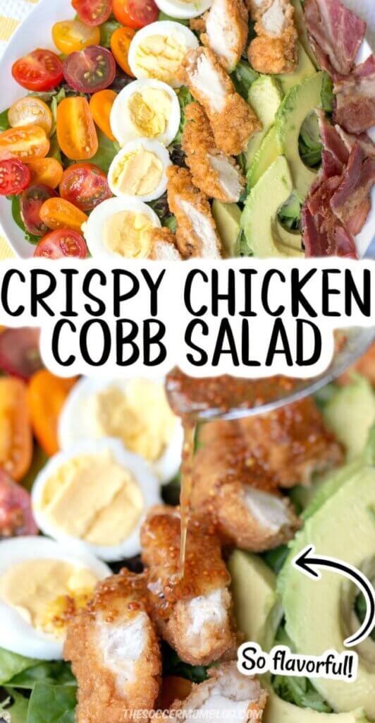 2 photo collage of a crispy chicken cobb salad