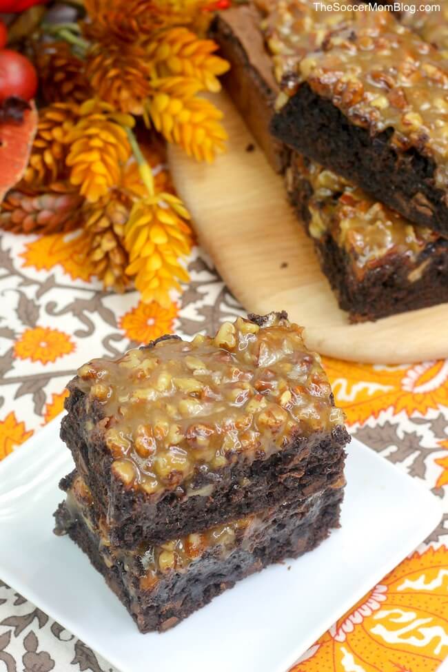 These decadent Pecan Pie Brownies are so fudgy and delicious! The pecan pie filling on top makes this a truly amazing dessert!