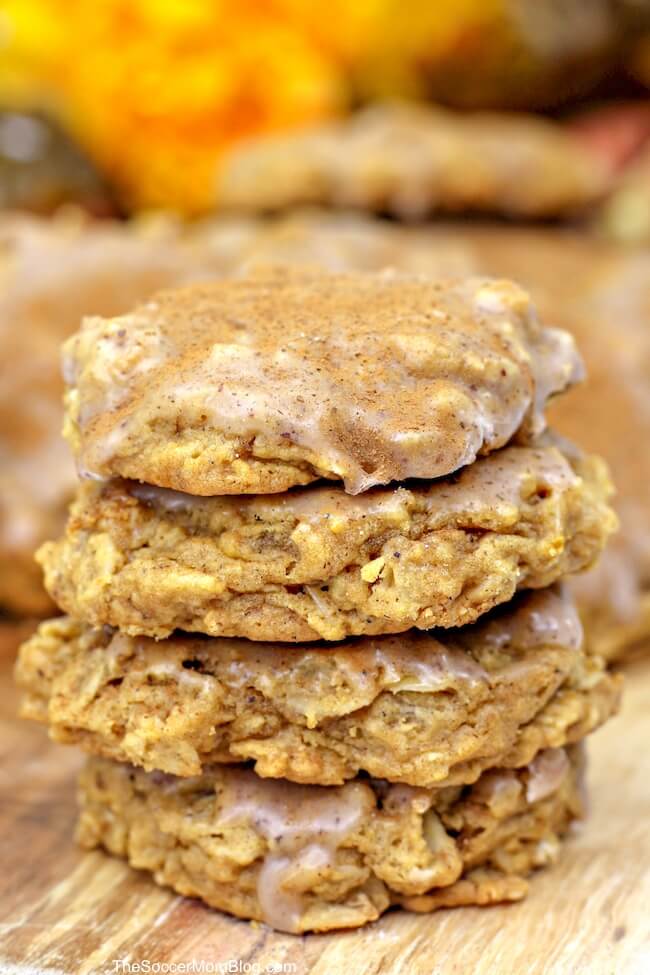 stack of iced pumpkin oatmeal cookies