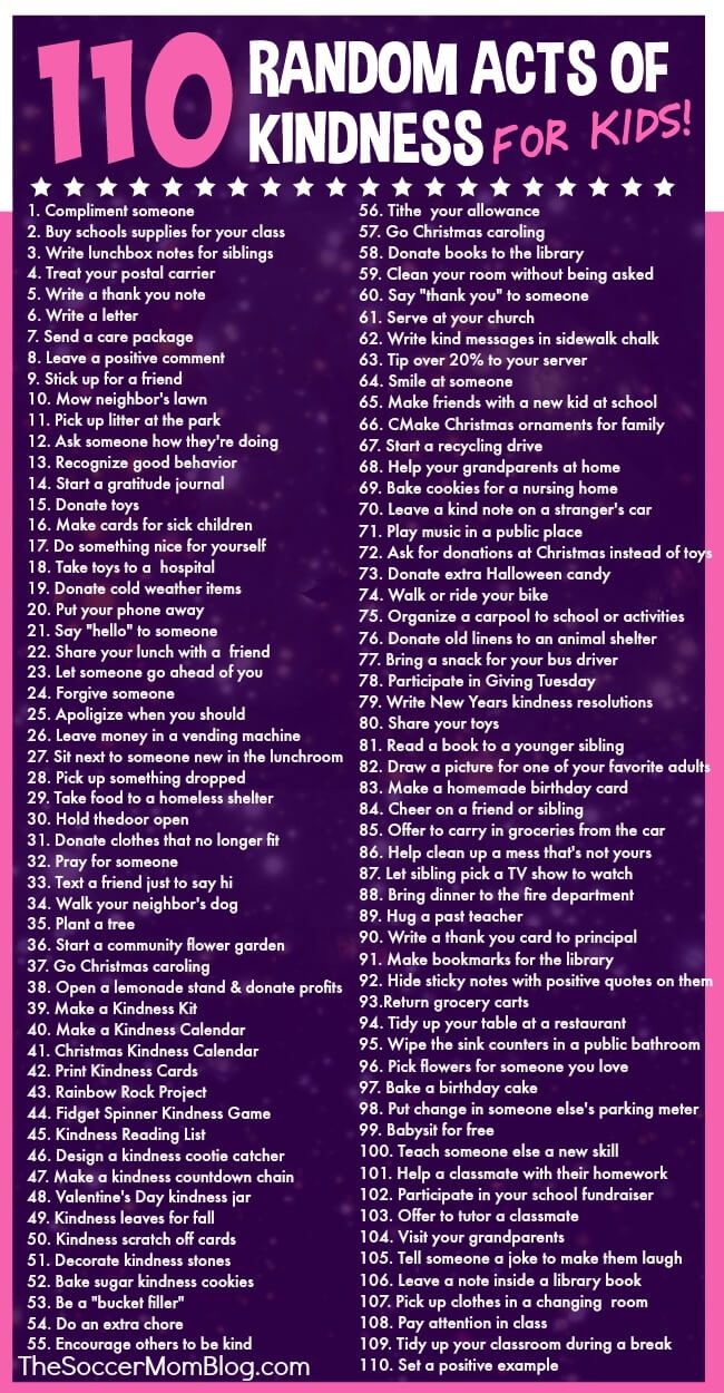 A big list of 110 random acts of kindness for kids, perfect for National Bullying Prevention Month, Random Acts of Kindness Day 2020, or anytime!