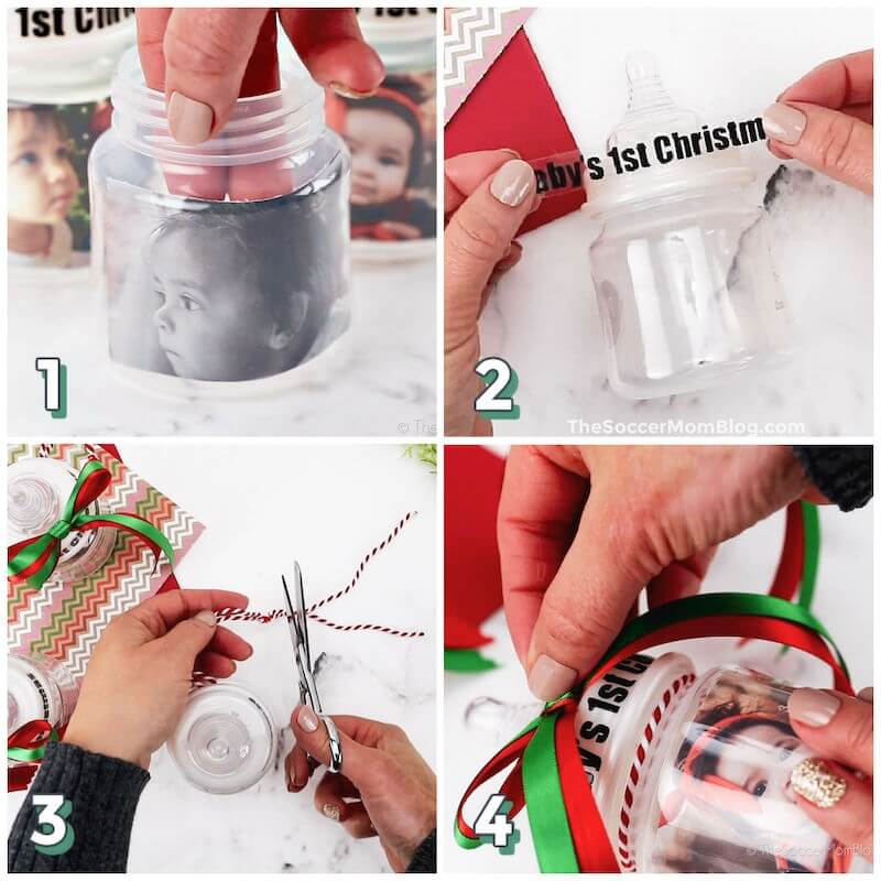 4 step photo collage showing how to make a baby bottle Christmas ornament