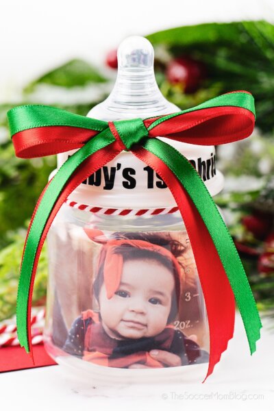 baby bottle with photo inside, made into a Christmas ornament