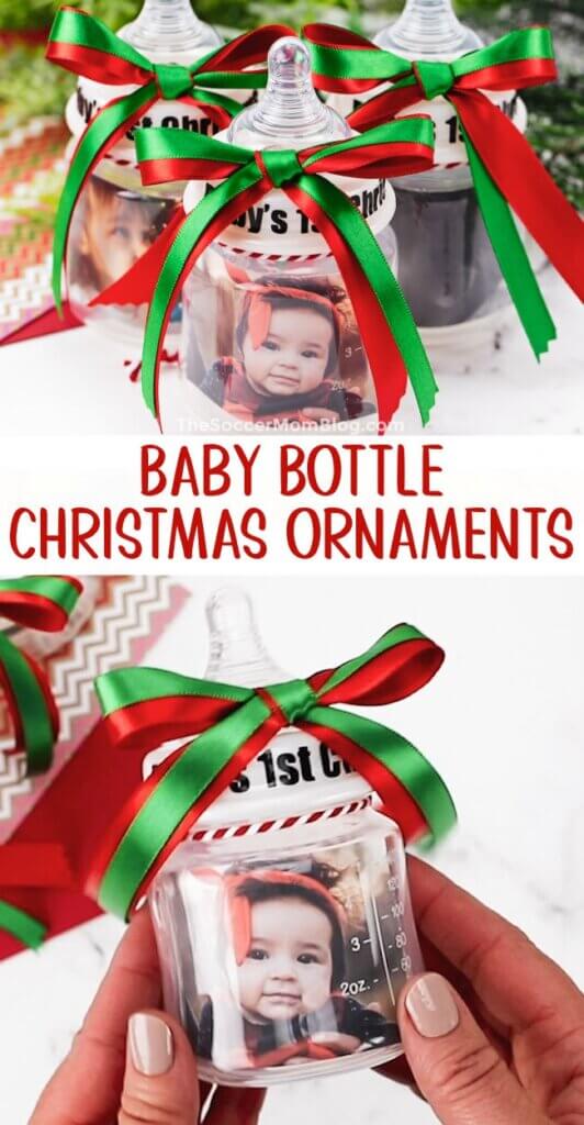 2 photo Pinterest collage showing baby bottle Christmas ornament craft