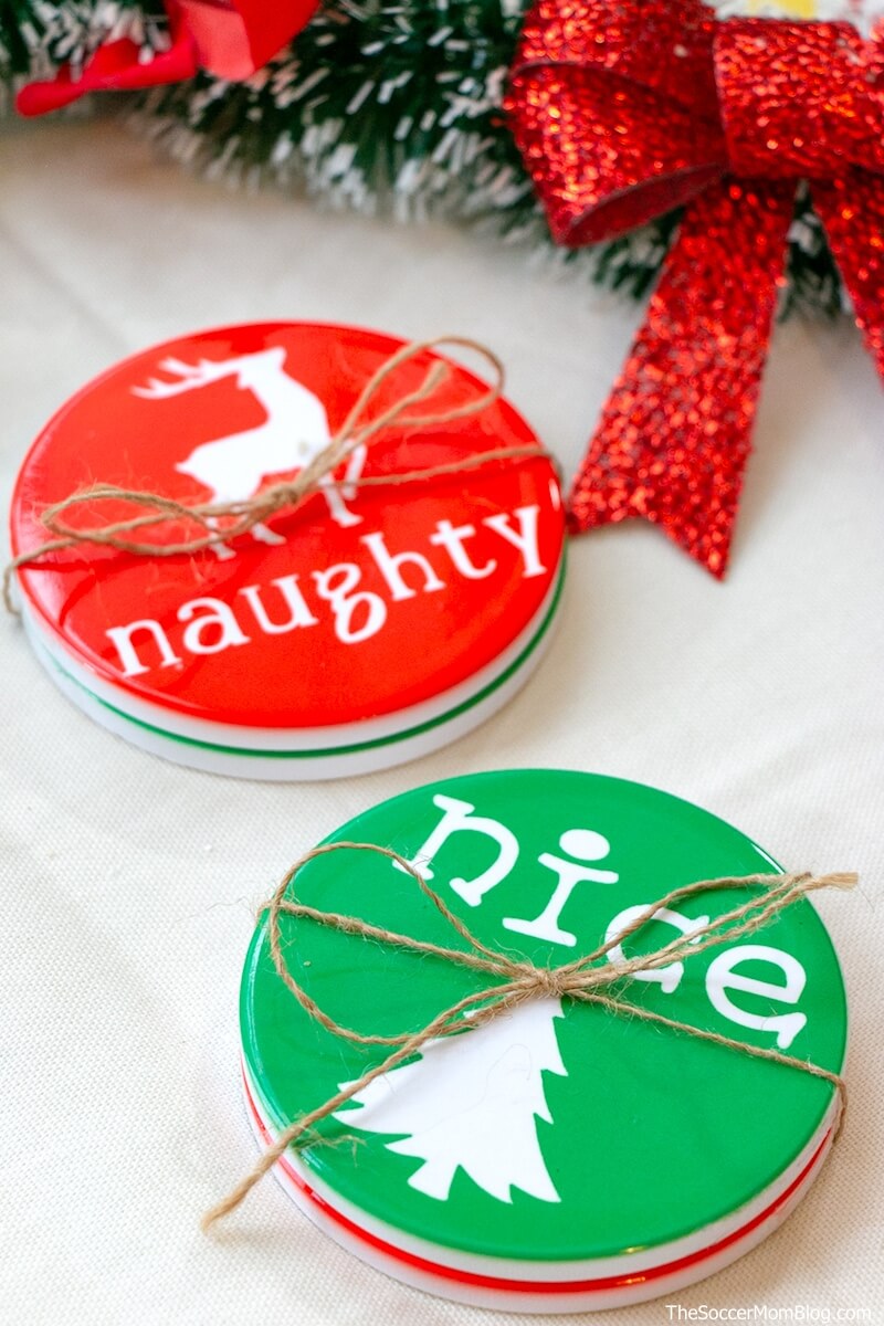 red and green "Naughty" or "Nice" ceramic Christmas coasters