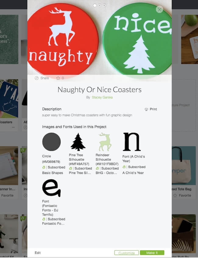 Naughty or Nice coasters project in Cricut Design Space