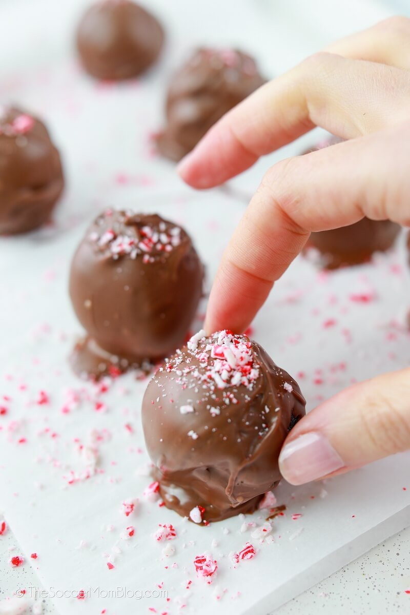 picking up a chocolate peppermint truffle
