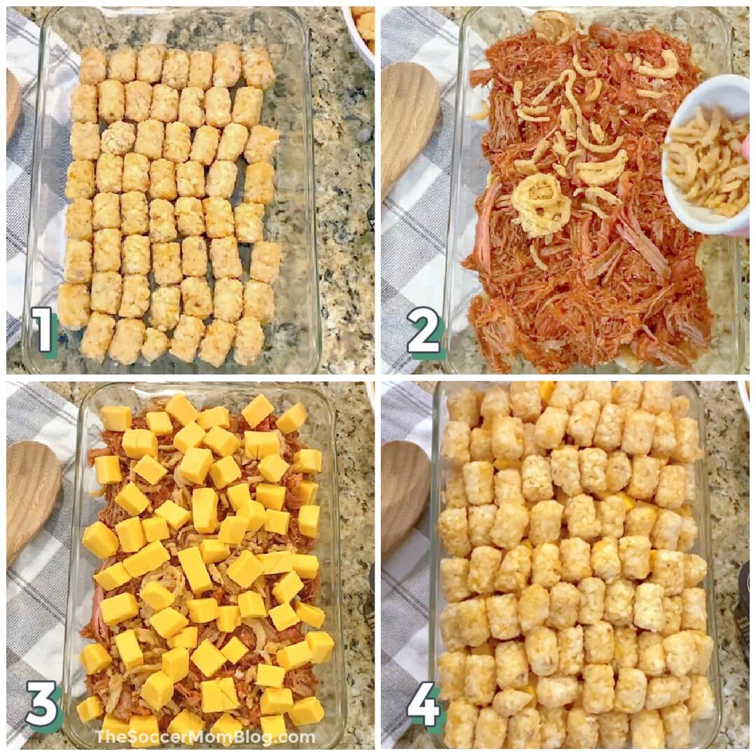 4 step photo collage showing how to layer a pulled pork tater tot casserole in baking dish.